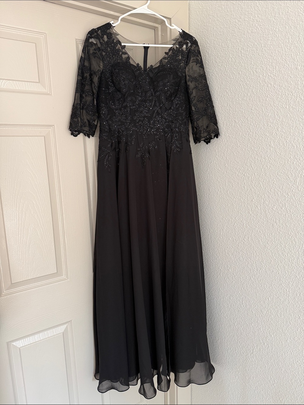 JJs House Black Lace Bodice Long Sleeve Evening Gown
